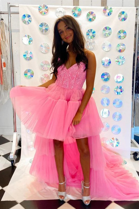 Hot Pink High Low Spaghetti Straps Lace Prom Dress