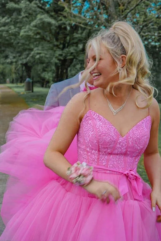 Hot Pink High Low Spaghetti Straps Lace Prom Dress
