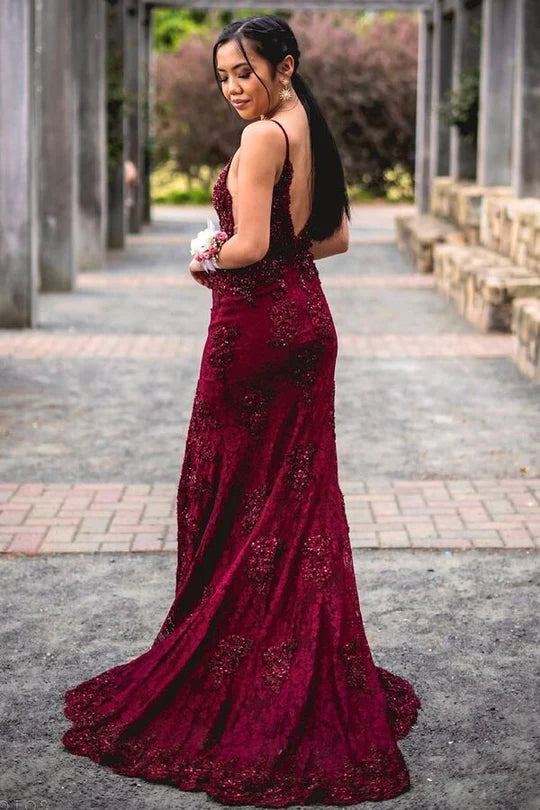 Burgundy Mermaid Open Back Long Prom Dress
