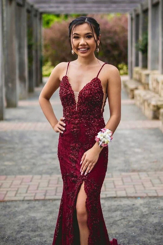 Burgundy Mermaid Open Back Long Prom Dress