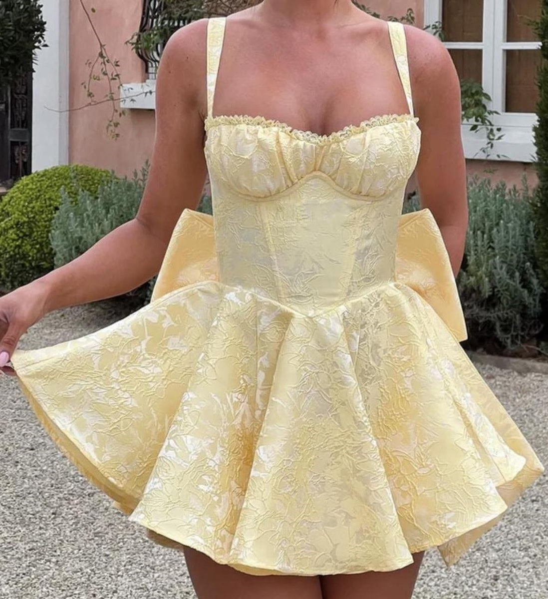 Pastel Yellow Floral Homecoming Dresses A-line Bowknot Celebration Party Dress,LTP3840