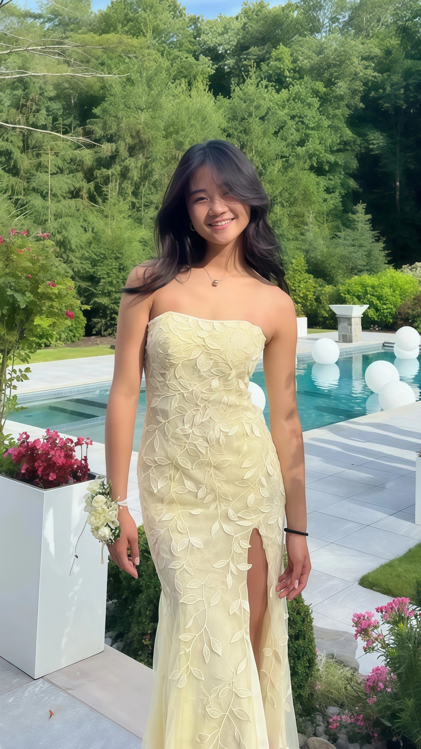 Pastel Yellow Lace Strapless Long Prom Dress With Side Slit