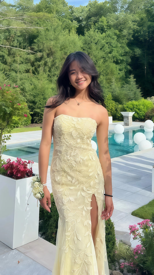 Pastel Yellow Lace Strapless Long Prom Dress With Side Slit