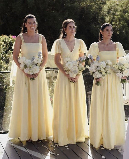 Pastel Yellow Chiffon Long Bridesmaid Dresses, LTP3296