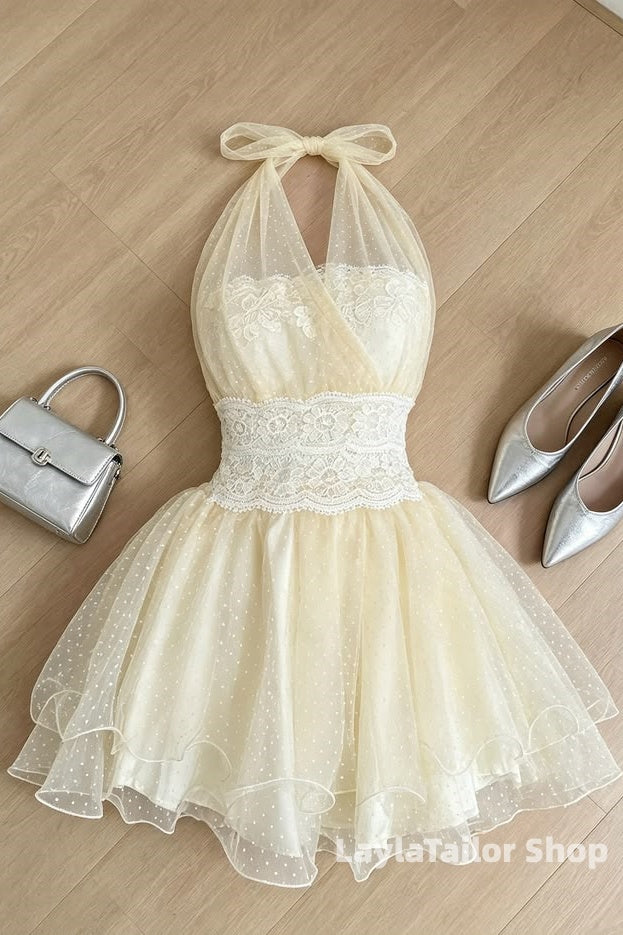 Pastel Yellow Halter Dots Tulle Lace Homecoming Dresses LTP82624