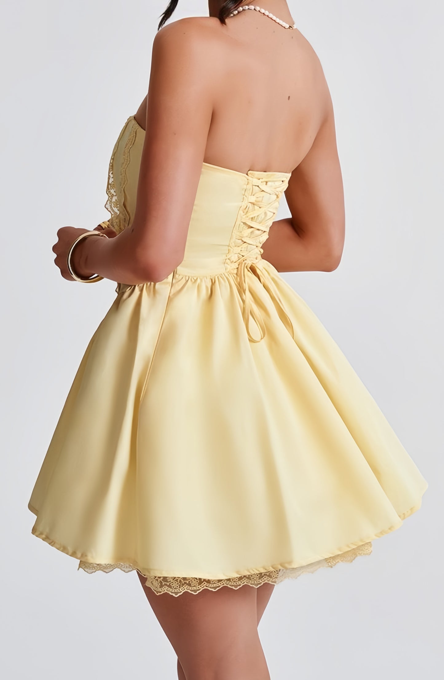 Pastel Yellow Strapless Homecoming Dresses Satin Lace Party Gown, LTP3372