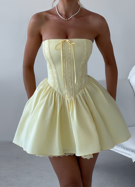 Pastel Yellow Strapless Homecoming Dresses Satin Lace Party Gown, LTP3372