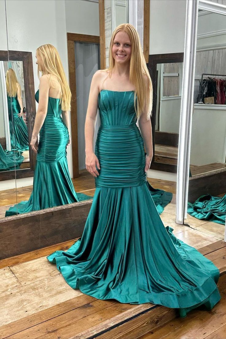 Peacock Blue Strapless Pleated Evening Prom Dress,LTP4225