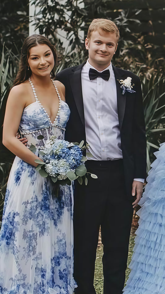 Pearl Halter Floral Chiffon Party Dress, V-neck Sheath Long Prom Dress,LTP3656