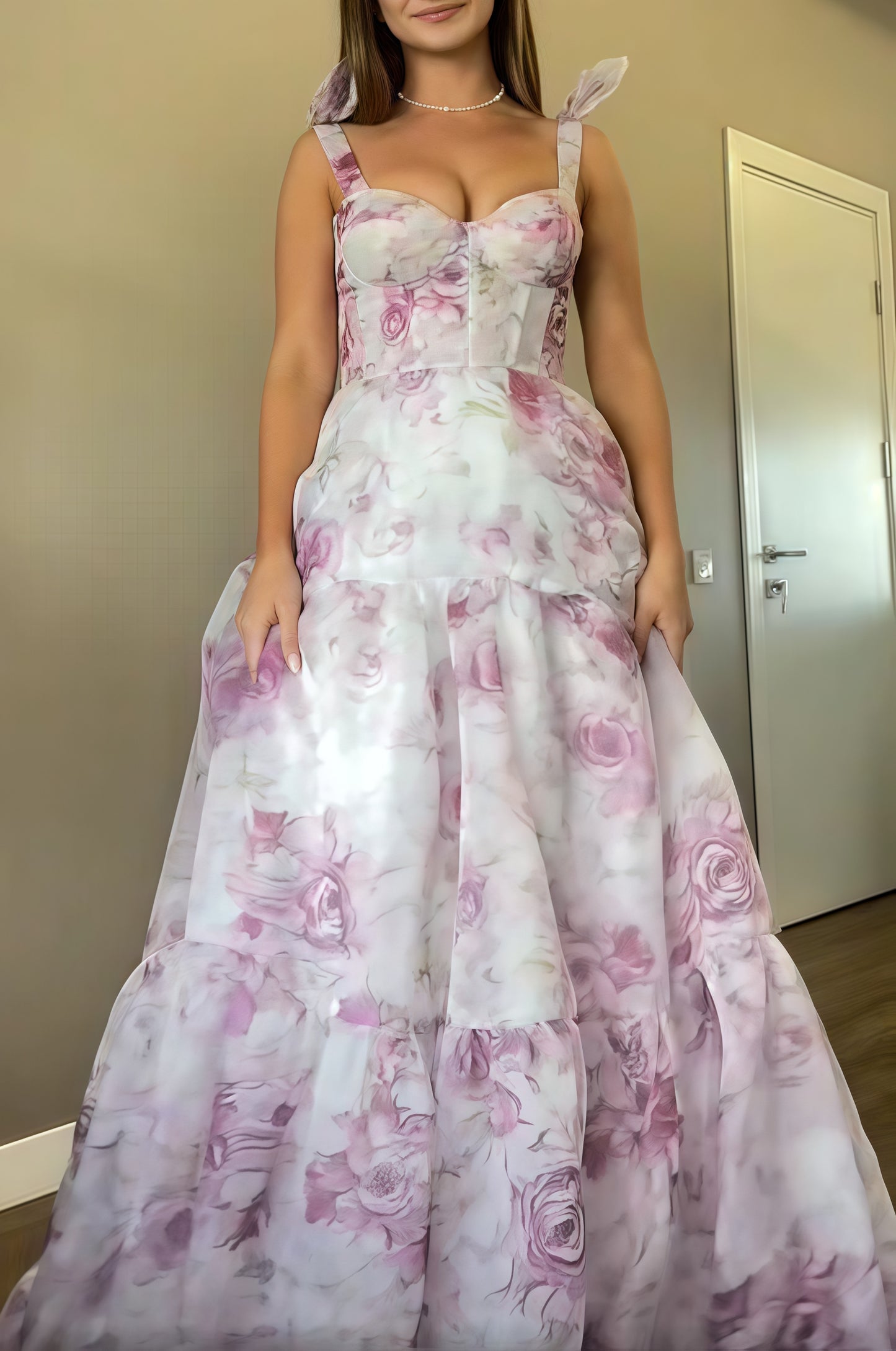 Pink A-Line Chiffon Floral Evening Party Dress, Senior Prom Dress,LTP3435