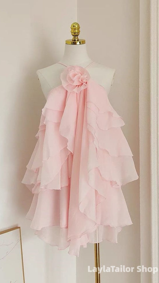 Pink Halter Floral Ruffle Homecoming Dresses Short Party Dress