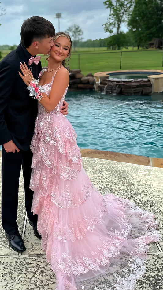 Pink Lace Ruffle Long Evening Prom Dresses, LTP3460