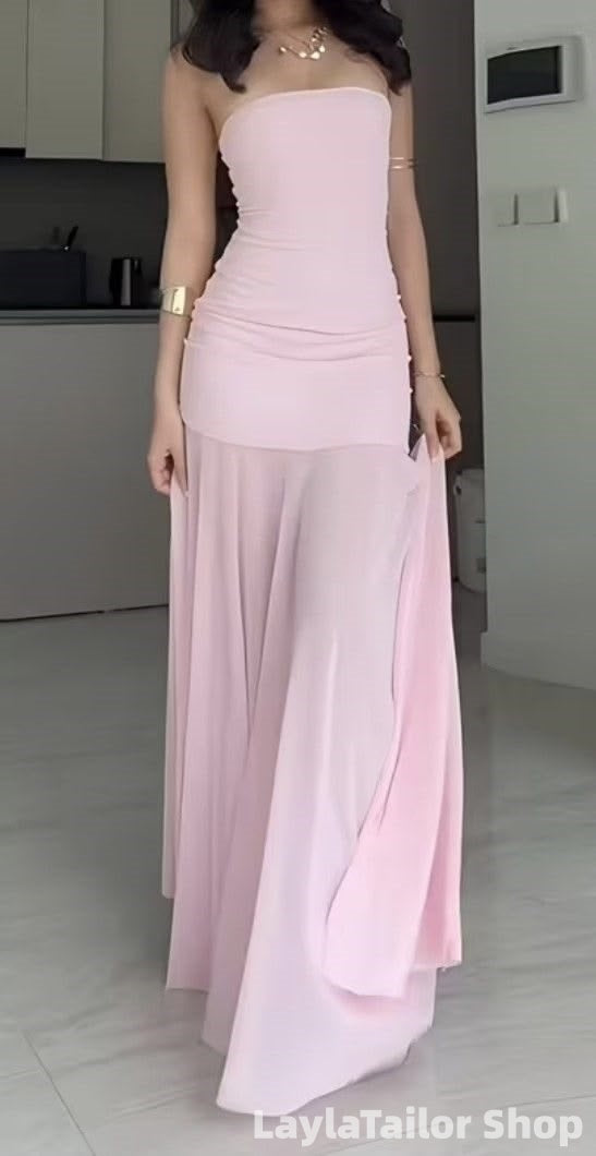 Pink Strapless Mermaid Chiffon Long Prom Dresses LTP82732