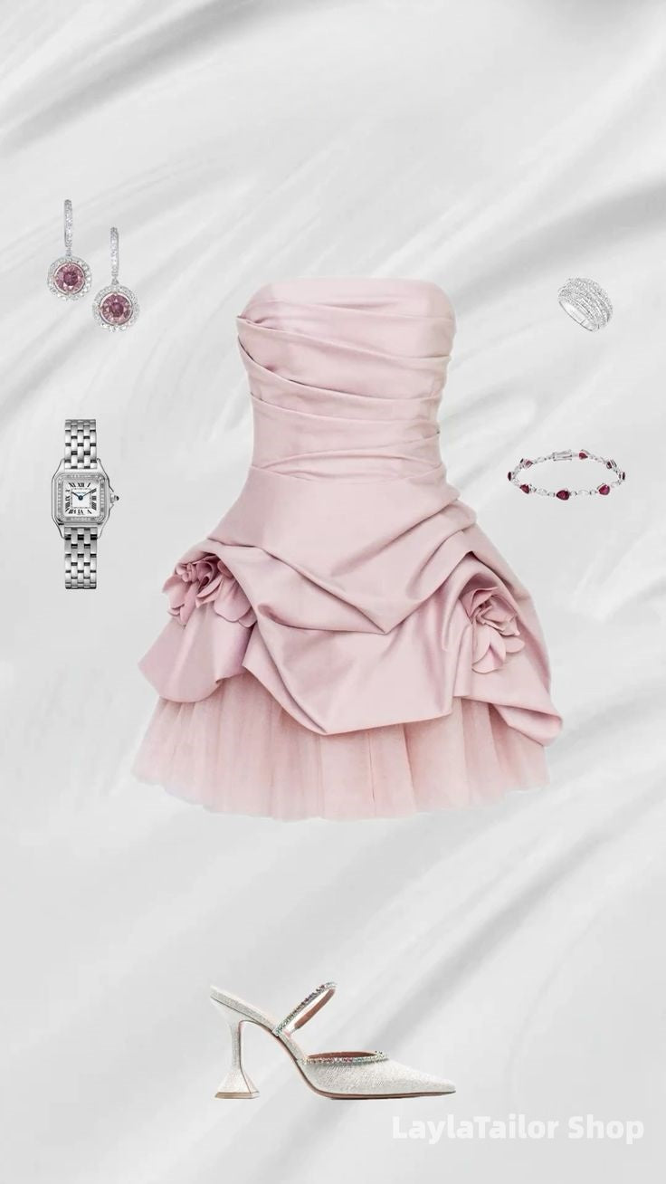 Pink Strapless Pleated Homecoming Dresses With Flowers