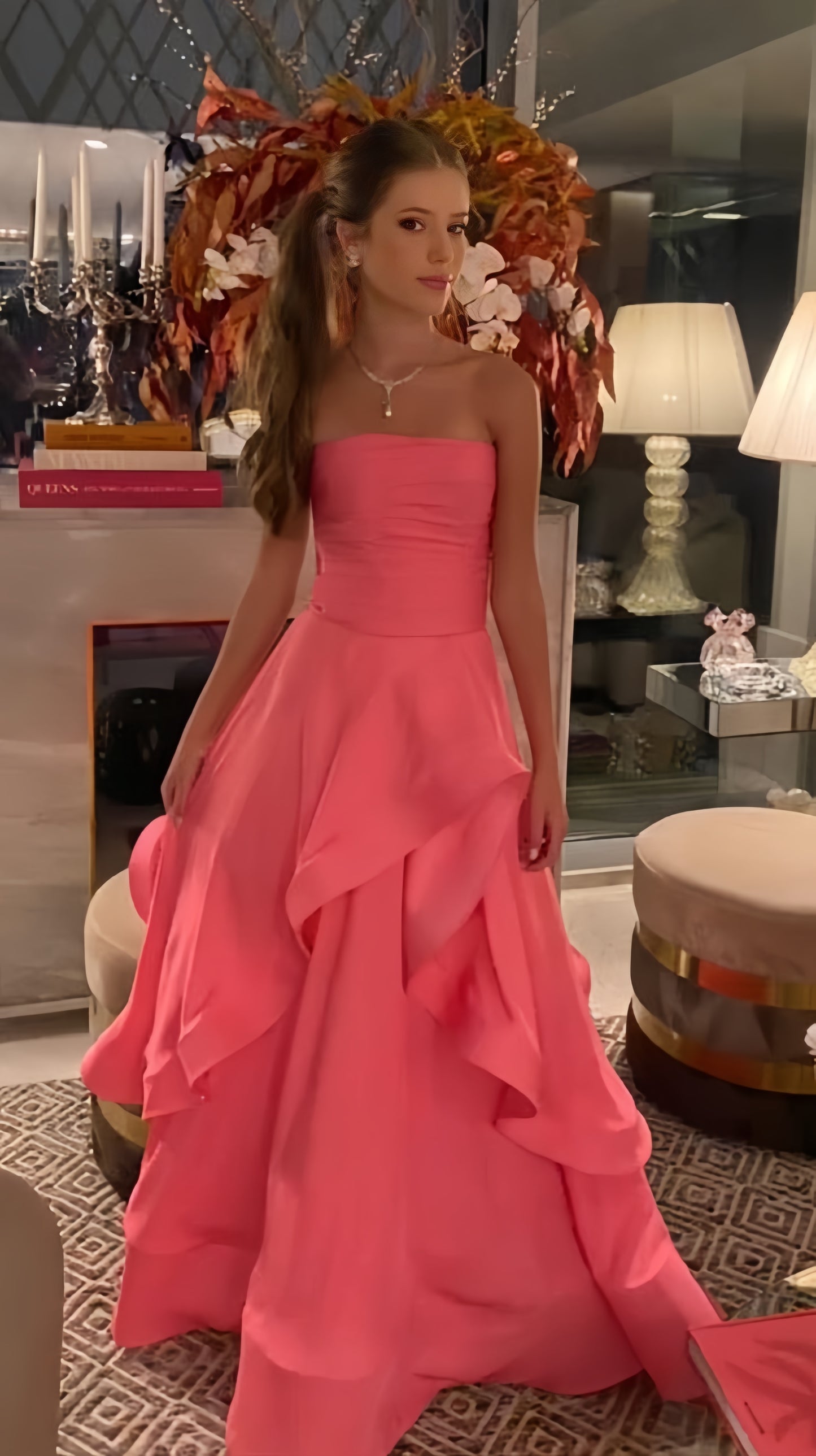 Pink Strapless Ruffle Prom Dresses Long Evening Formal Gown,LTP3997