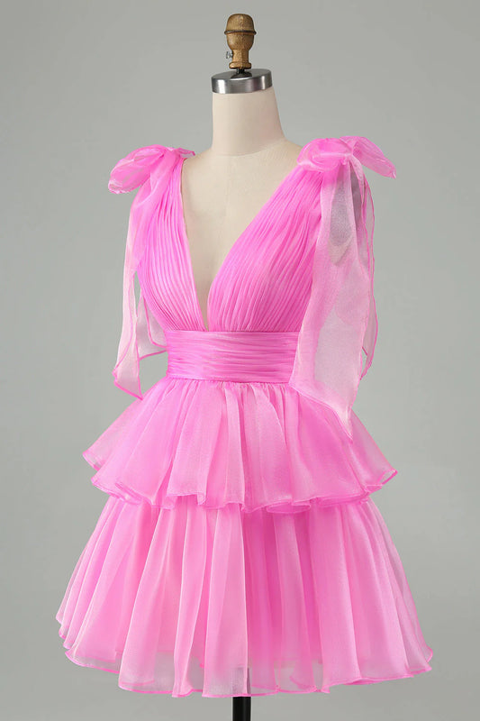 Pink V-Neck Homecoming Dress Chiffon V-Neck School Party Dress, LTP2946