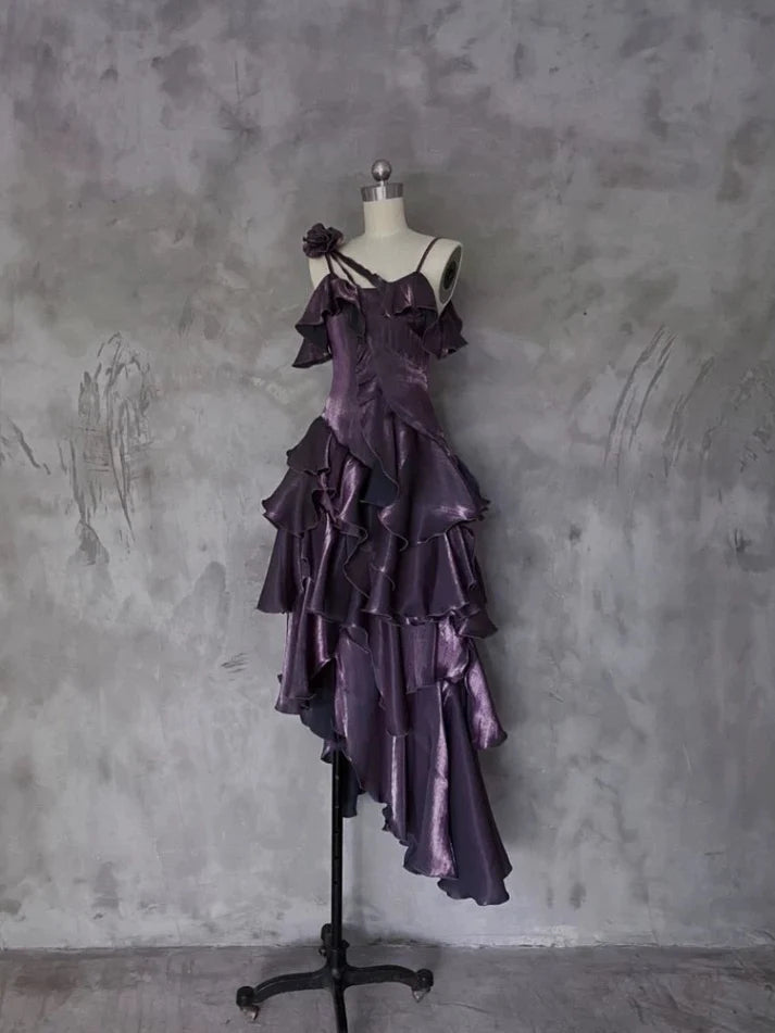 Pretty Irregular Ruffled Spaghetti Straps Grape Prom Dresses With Detachable Rose Long Birthday Dress For Women, LTP3583