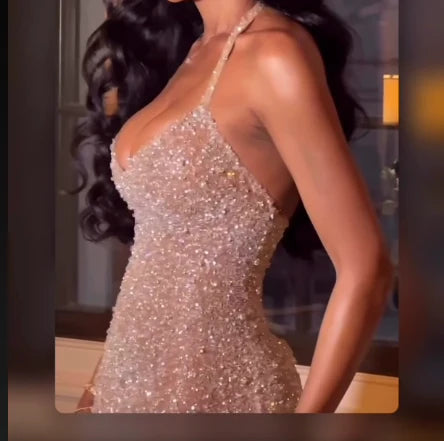 Pretty Mermaid Halter Neckline Long Sequin Champagne Party Dresses Prom Dress , LTP3637