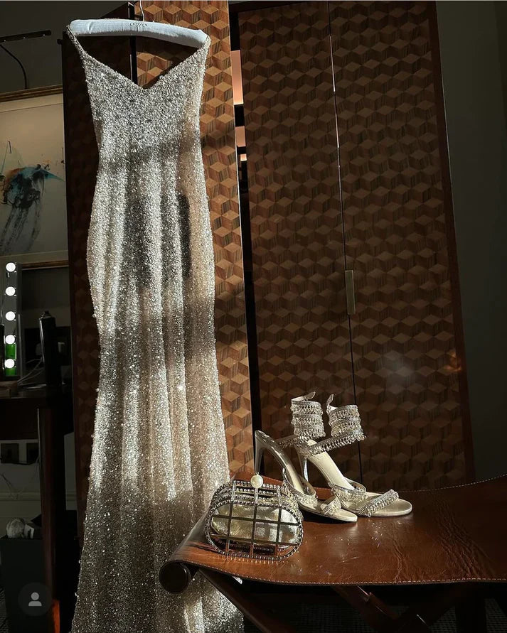 Pretty Mermaid Halter Neckline Long Sequin Champagne Party Dresses Prom Dress , LTP3637