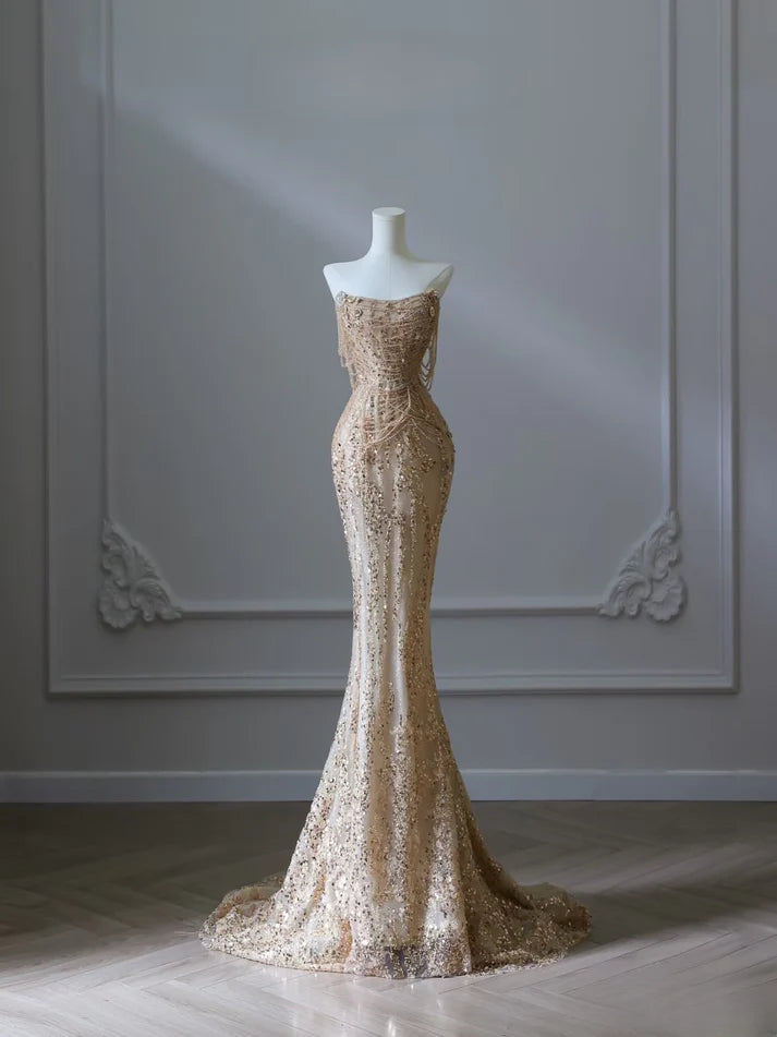 Pretty Mermaid Strapless Gold Sequin Beads Long Prom Dresses Formal Evening Dress, LTP3635