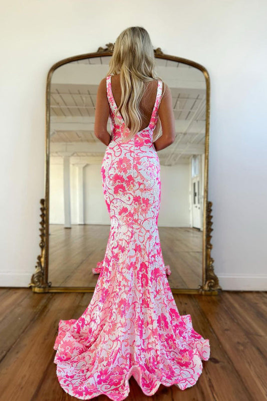 Pretty Pink V Neck Sequin Lace Mermaid Prom Dress