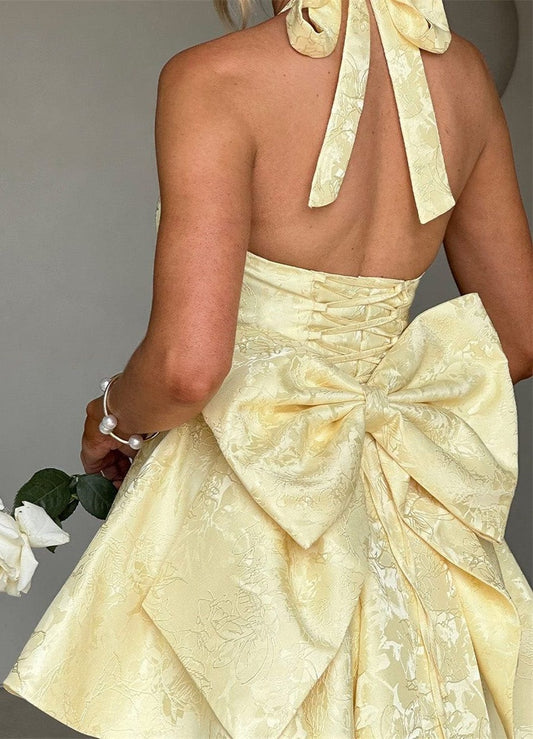 Princess Pastel Yellow Homecoming Dresses Halter Print Floral A-line Party Dress,LTP3839