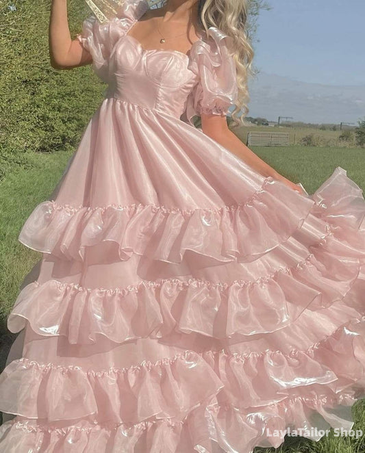 Princess Shiny Pink Ruffle Prom Dresses Short Sleeves Birthday Party Dress Hoco Gown,LTP3693