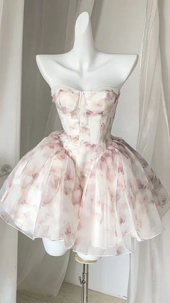 Princess Sweetheart Floral Print Ball Gown Organza Hoco Party Dress,LTP3841