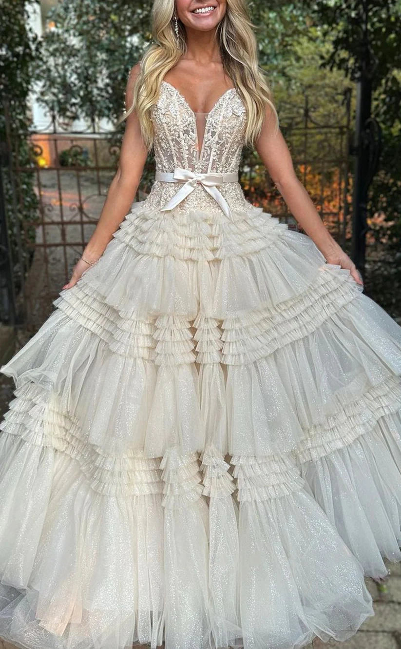 Princess V-Neck Lace Ruffle Tulle Prom Dresses, Long Celebrity Dress Laylatailor Shop Princess V-Neck Lace Ruffle Tulle Prom Dresses, Long Celebrity Dress Laylatailor Shop