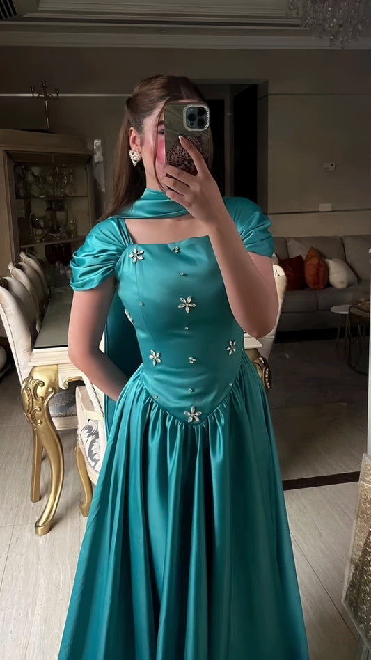 Princess Blue A-line Prom Dresses Beaded Long Party Dress,LTP4070