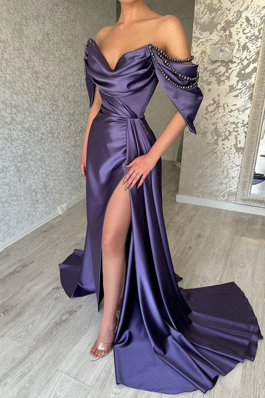 Purple Beaded Evening Dresses Long Satin Long Prom Dress