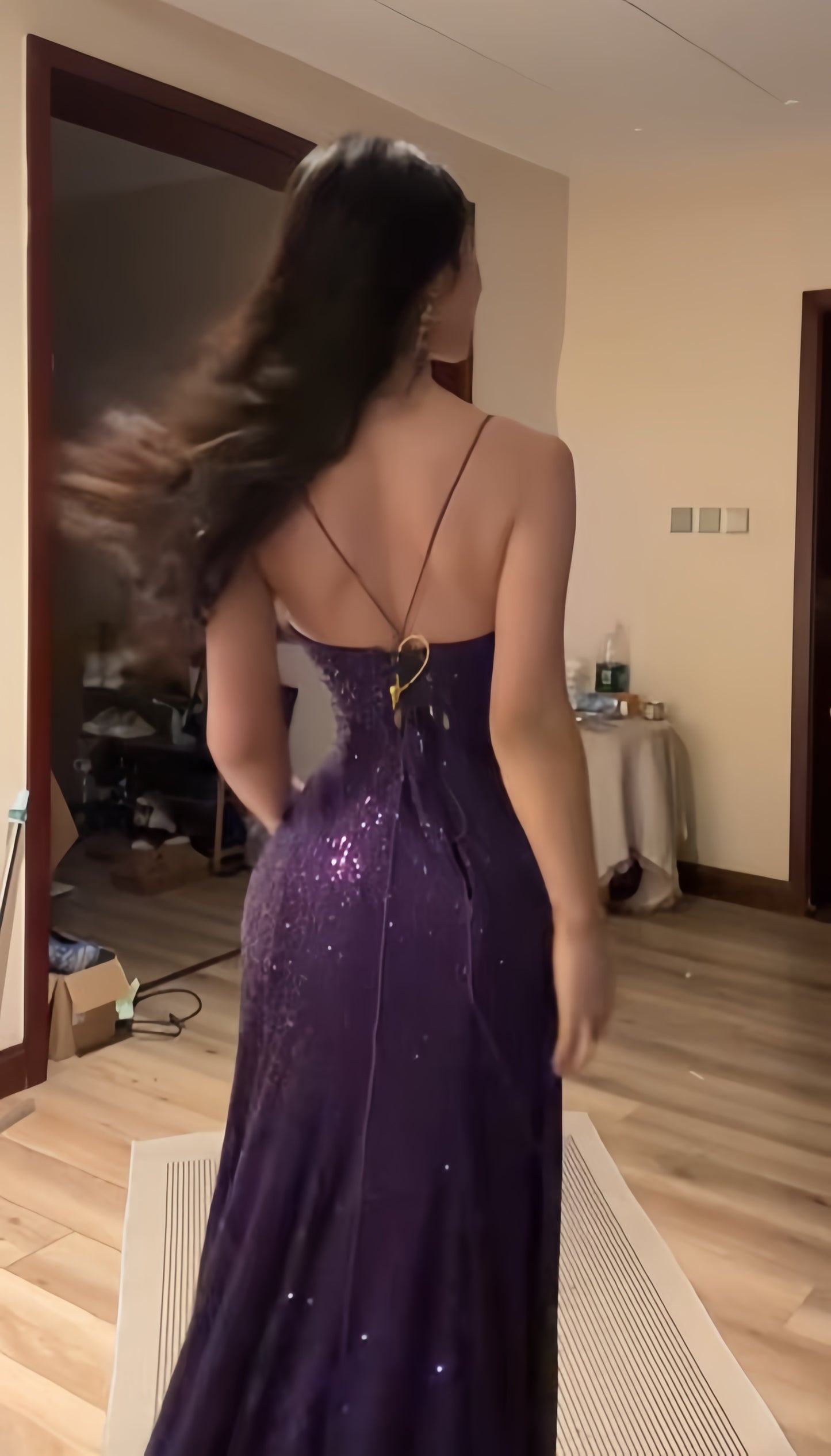 Purple Mermaid Sequin Prom Dress Spaghetti Straps Formal Gown,LTP4297