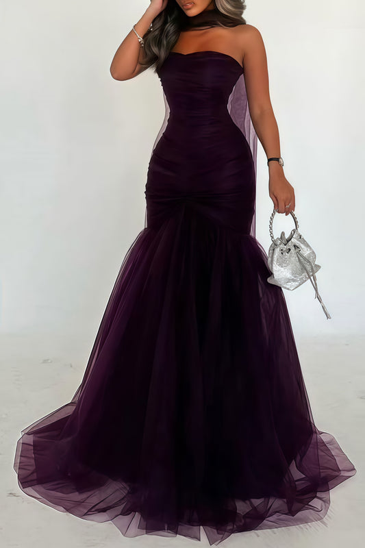 Purple Mermaid Tulle Party Dress, Pleated Sleeveless Prom Dress,LTP3685