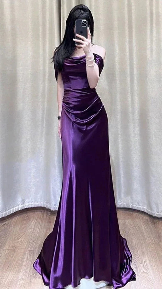 Purple Off The Shoulder Satin Mermaid Prom Dresses,LTP4428