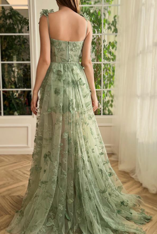 Green Tulle Butterfly Long Prom Dress