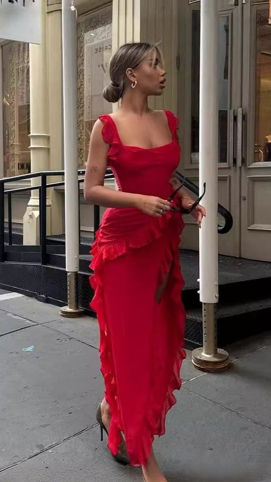 Red Chiffon Party Dresses Sexy Prom Dress Ruffle Slit Outfits,LTP4153