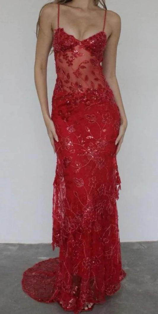 Red Lace Sheath Spaghetti Straps Long Prom Dress