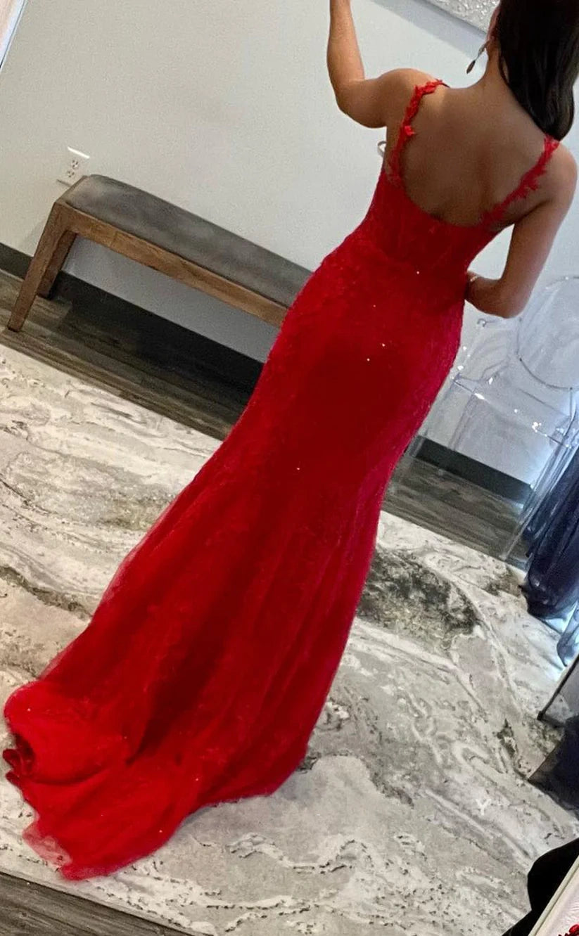 Red Prom Dresses, Mermaid Prom Dress, Lace Evening Party Dress