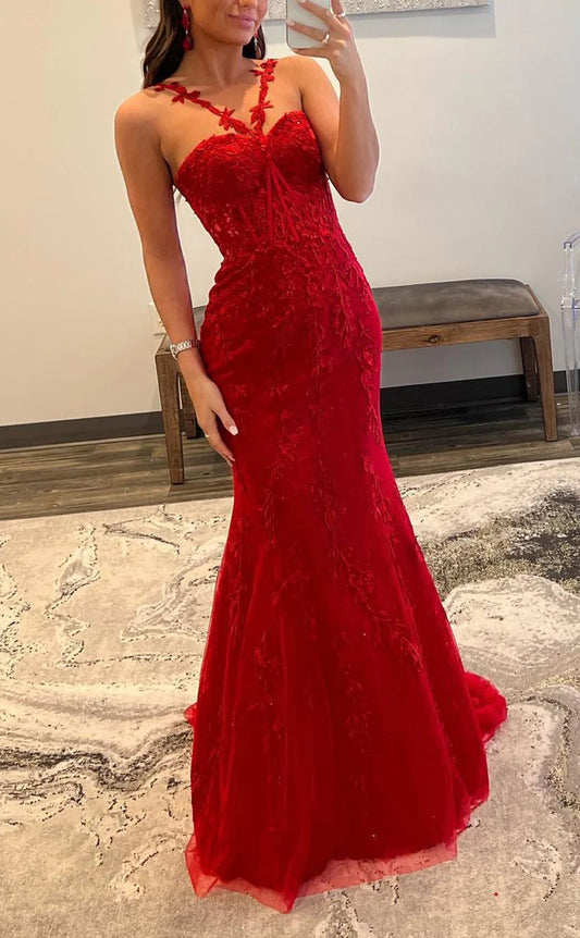 Red Prom Dresses, Mermaid Prom Dress, Lace Evening Party Dress