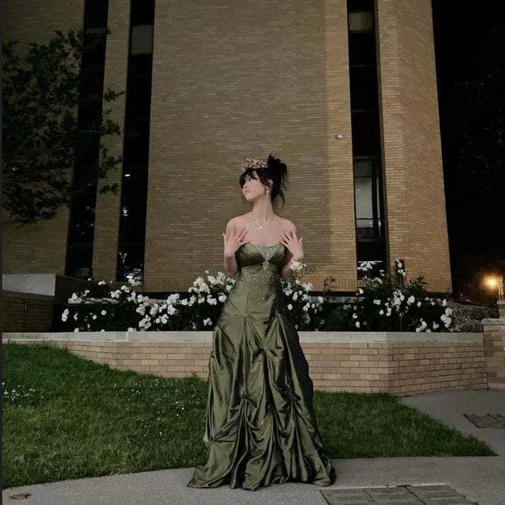 Retro Ball Gown Strapless Green Ruffles Satin Long Party Dress Prom Dresses, LTP3650