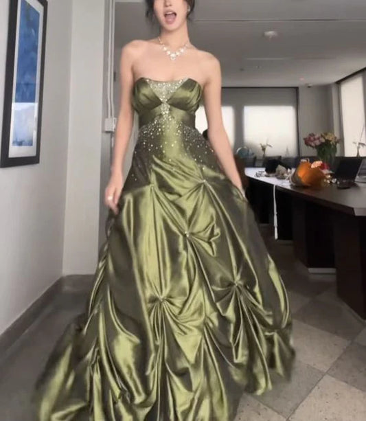 Retro Ball Gown Strapless Green Ruffles Satin Long Party Dress Prom Dresses, LTP3650