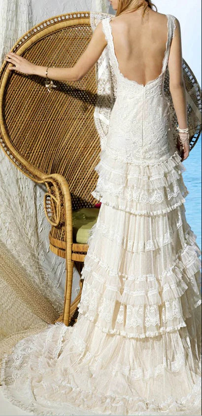 Retro Mermaid Lace Ruffle Wedding Dresses V-neck Bridal Gown,LTP4362