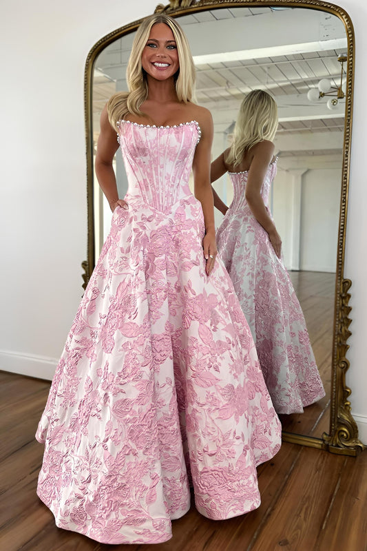 Romantic Floral Jacquard Strapless Corset Ball Gown Prom Dress with Pearls