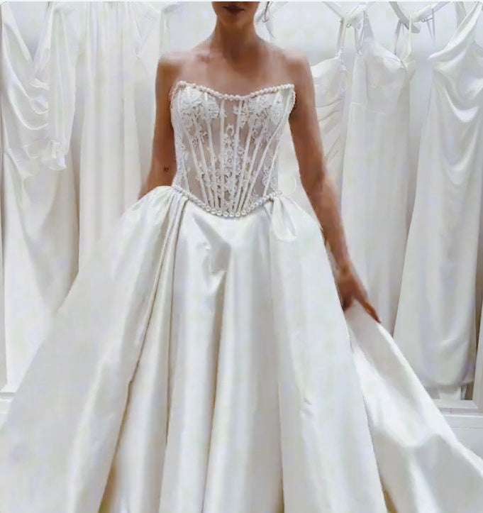 Romantic White Lace Satin Bridal Dress Strapless Wedding Gown With Bowknot,LTP4197