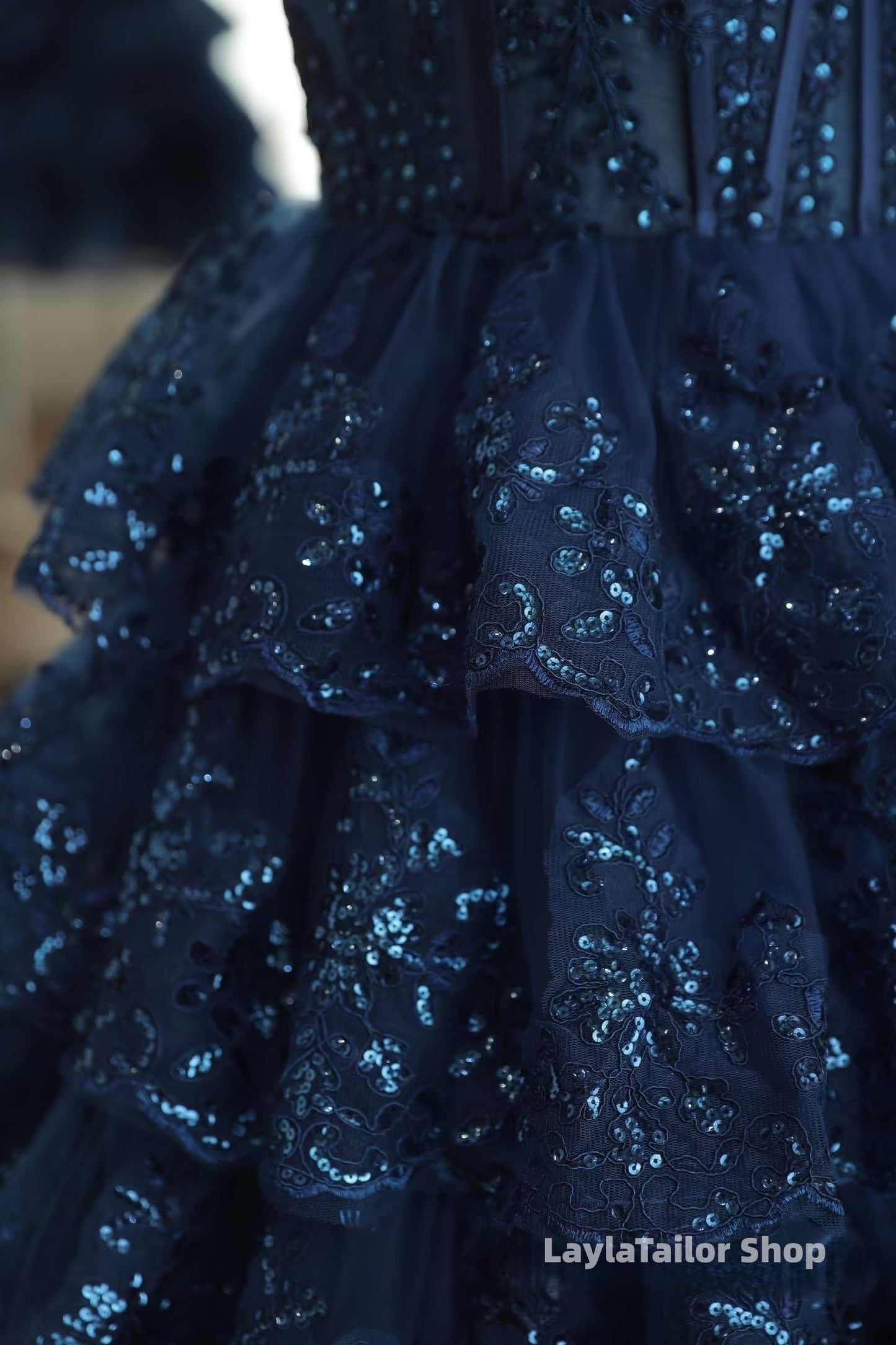 Dark Navy One Shoulder Appliques Multi-Layers Tulle Homecoming Dress