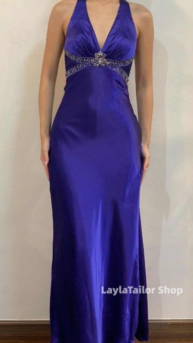 Royal Blue Halter Beaded Sheath Prom Dresses Senior Party Dress,LTP4564
