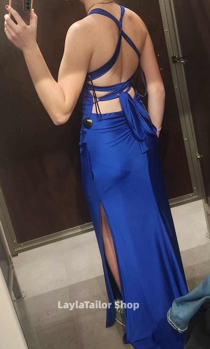 Royal Blue Halter Prom Dresses Mermaid Evening Formal Dress With Slit,LTP4538