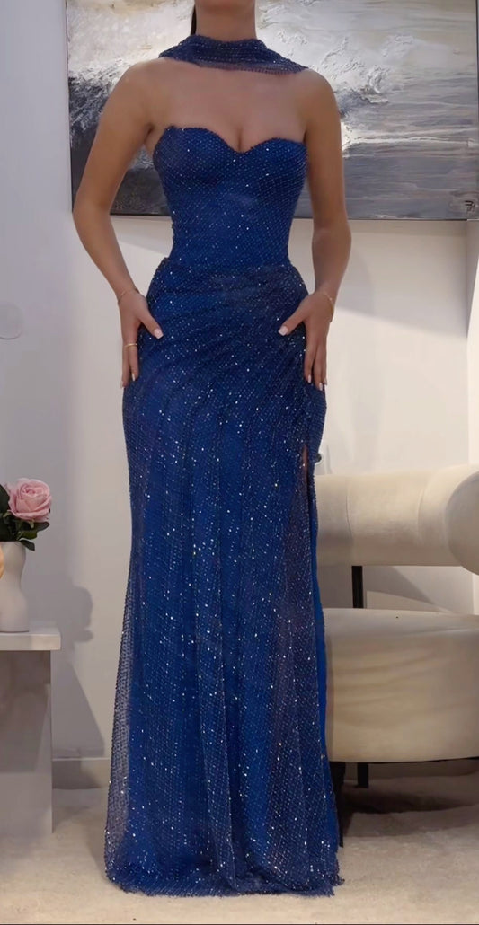 Royal Blue Sweetheart Sheath Long Prom Dresses Glitter Party Gown,LTP4009