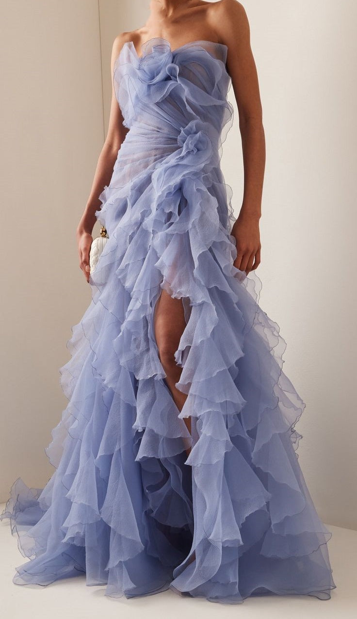Ruffle Party Dress, Slit Evening Prom Dress, Blue Sleeveless Celebrity Dress,LTP3544