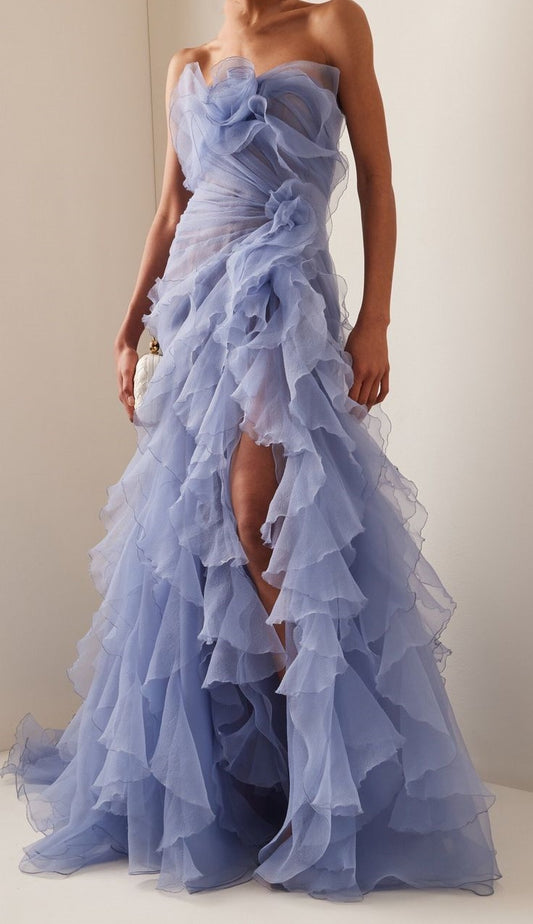 Ruffle Party Dress, Slit Evening Prom Dress, Blue Sleeveless Celebrity Dress,LTP3544